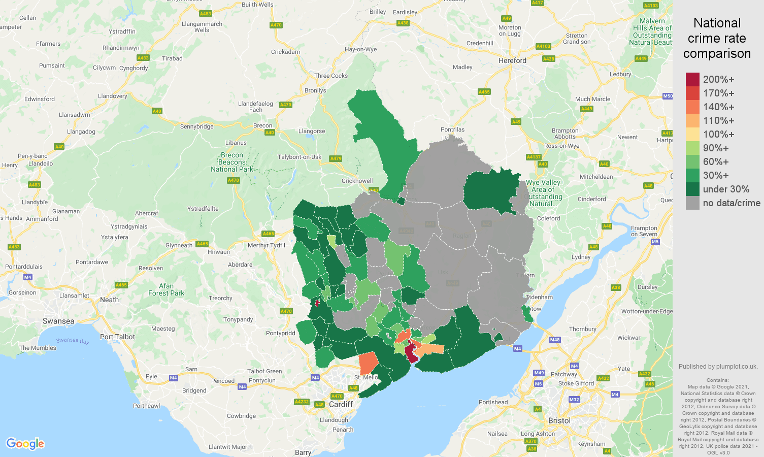 Gwent robbery crime rate comparison map