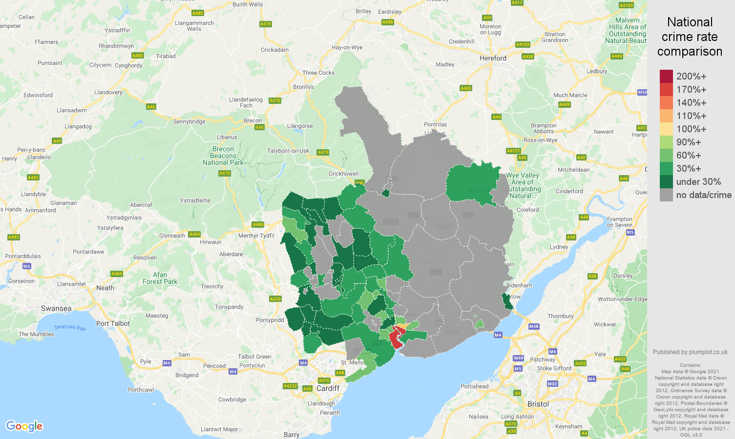 Gwent theft from the person crime rate comparison map