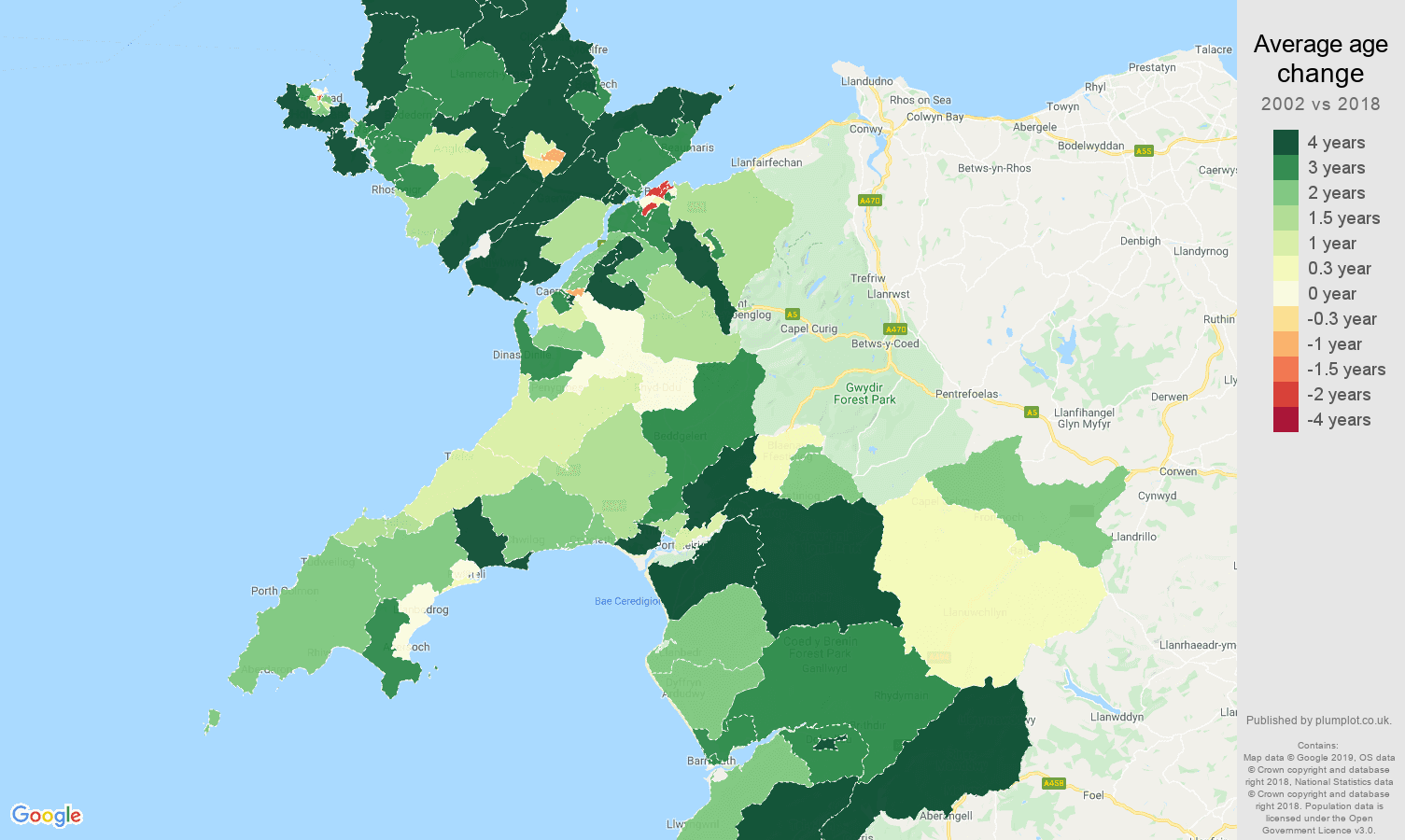 Gwynedd average age change map