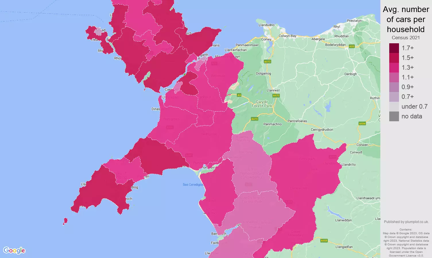 Gwynedd cars per household map