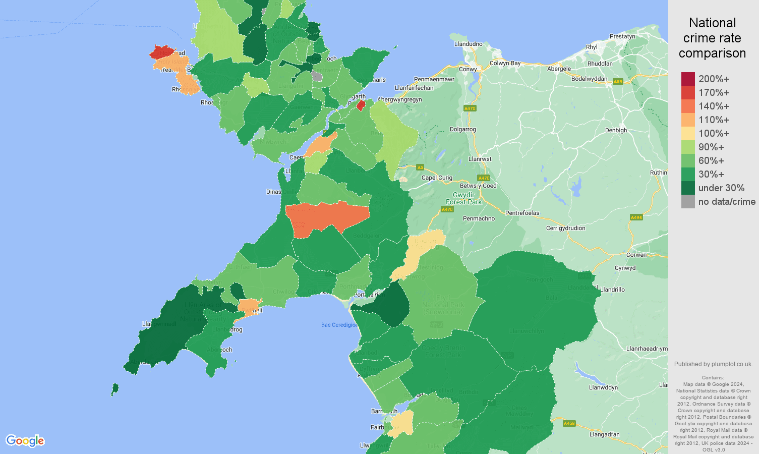 Gwynedd crime rate comparison map