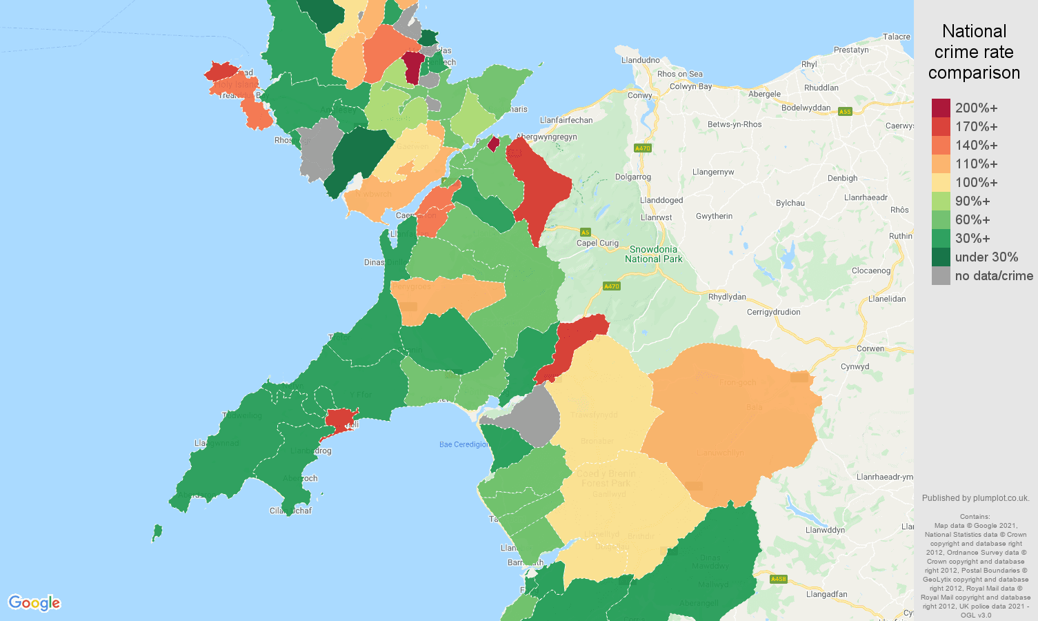 Gwynedd criminal damage and arson crime rate comparison map