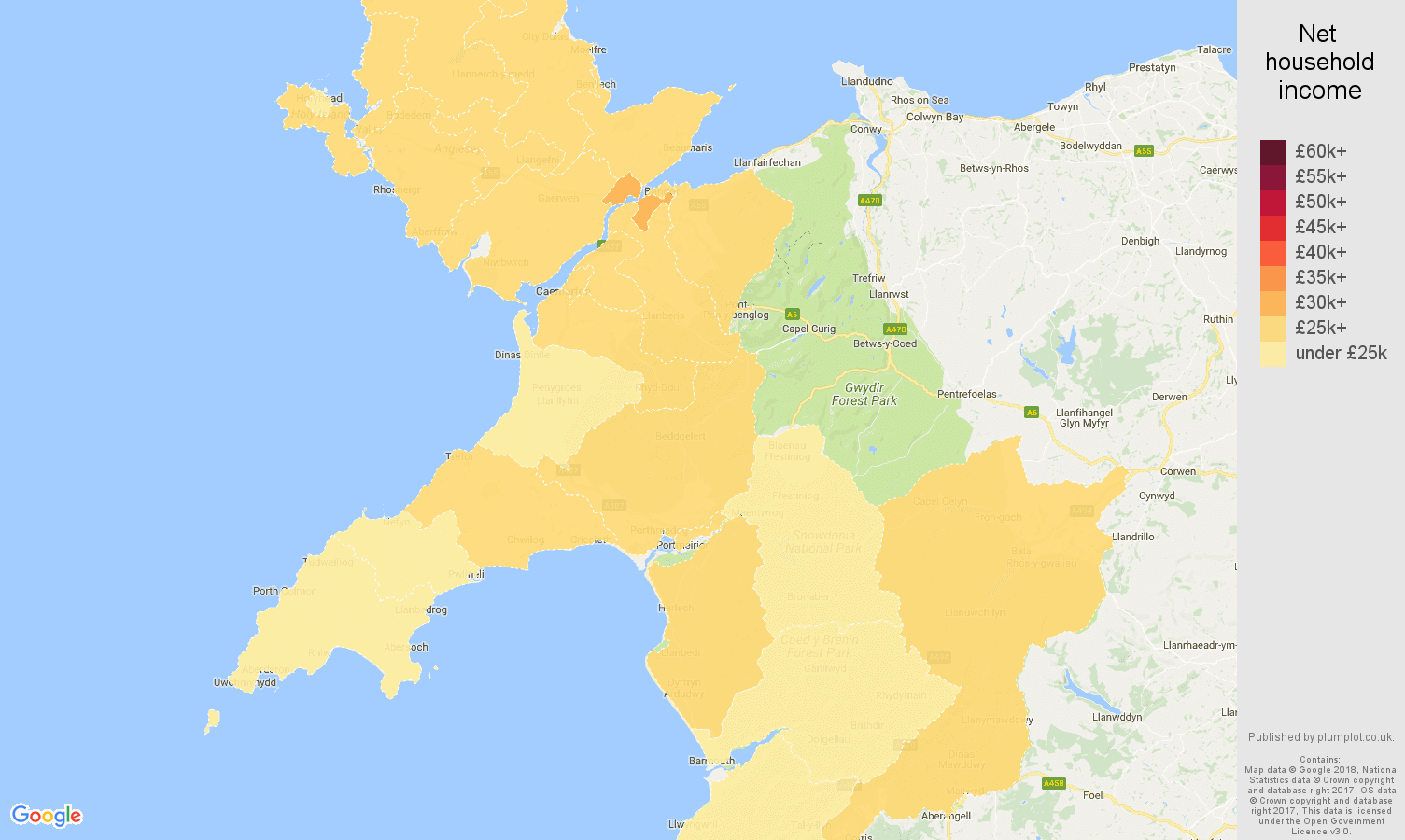 Gwynedd net household income map