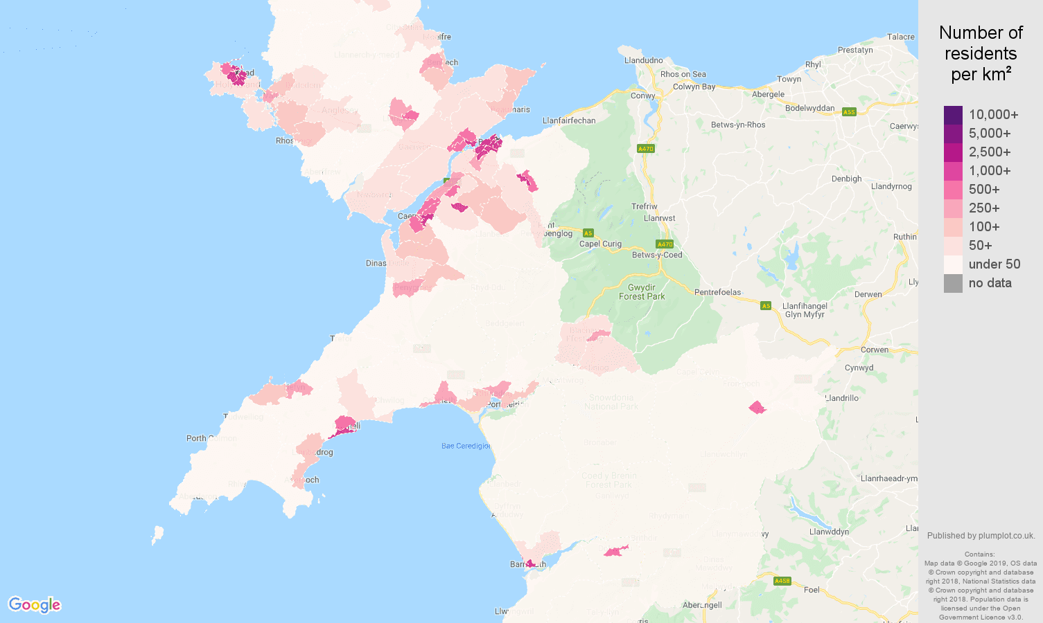 Gwynedd population density map
