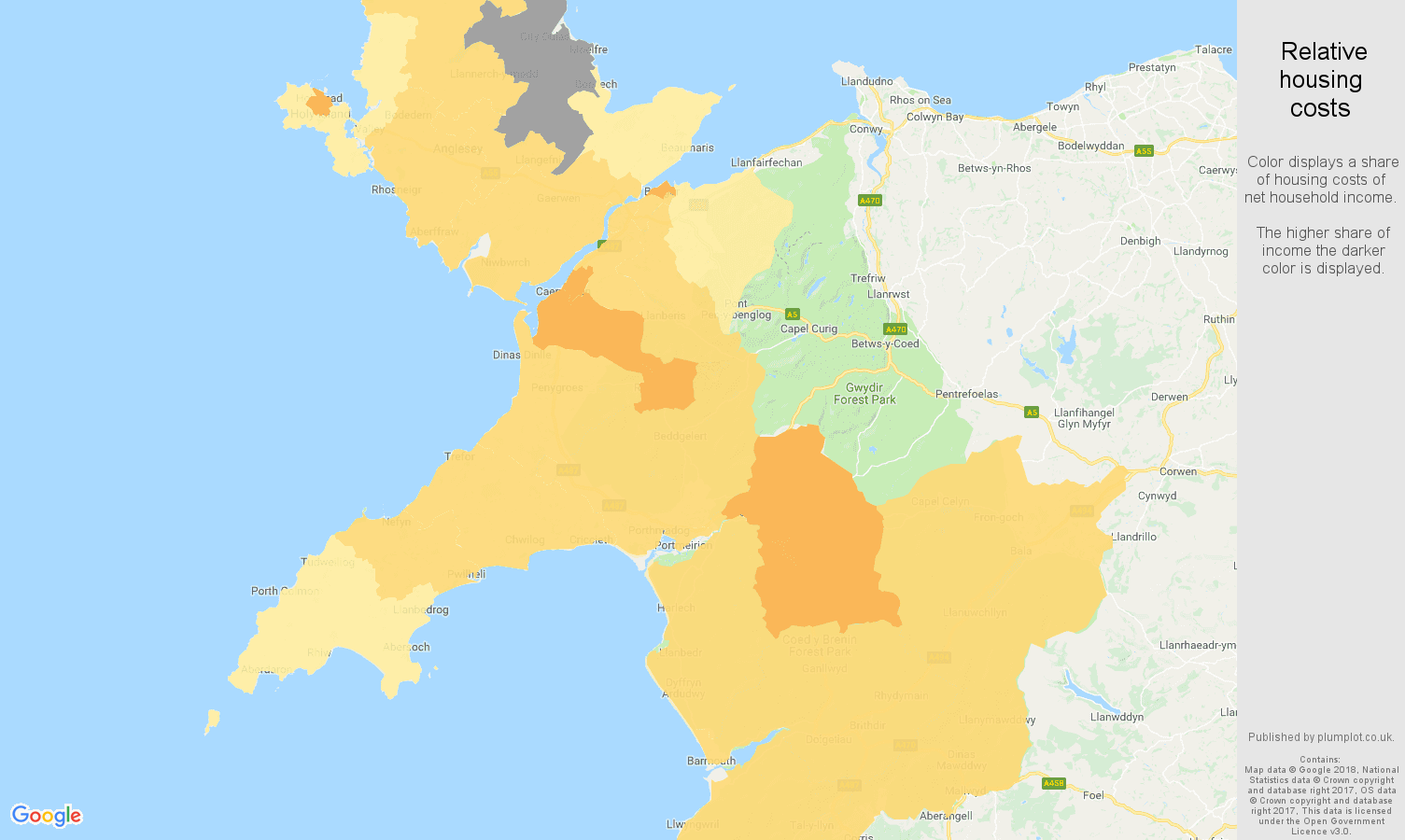 Gwynedd relative housing costs map