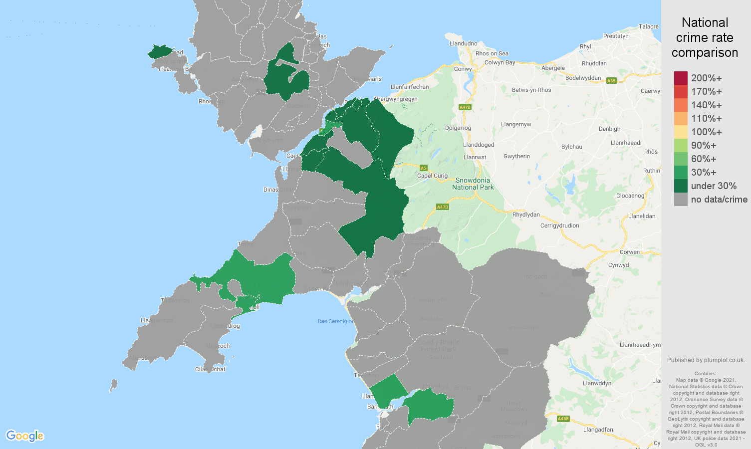 Gwynedd robbery crime rate comparison map