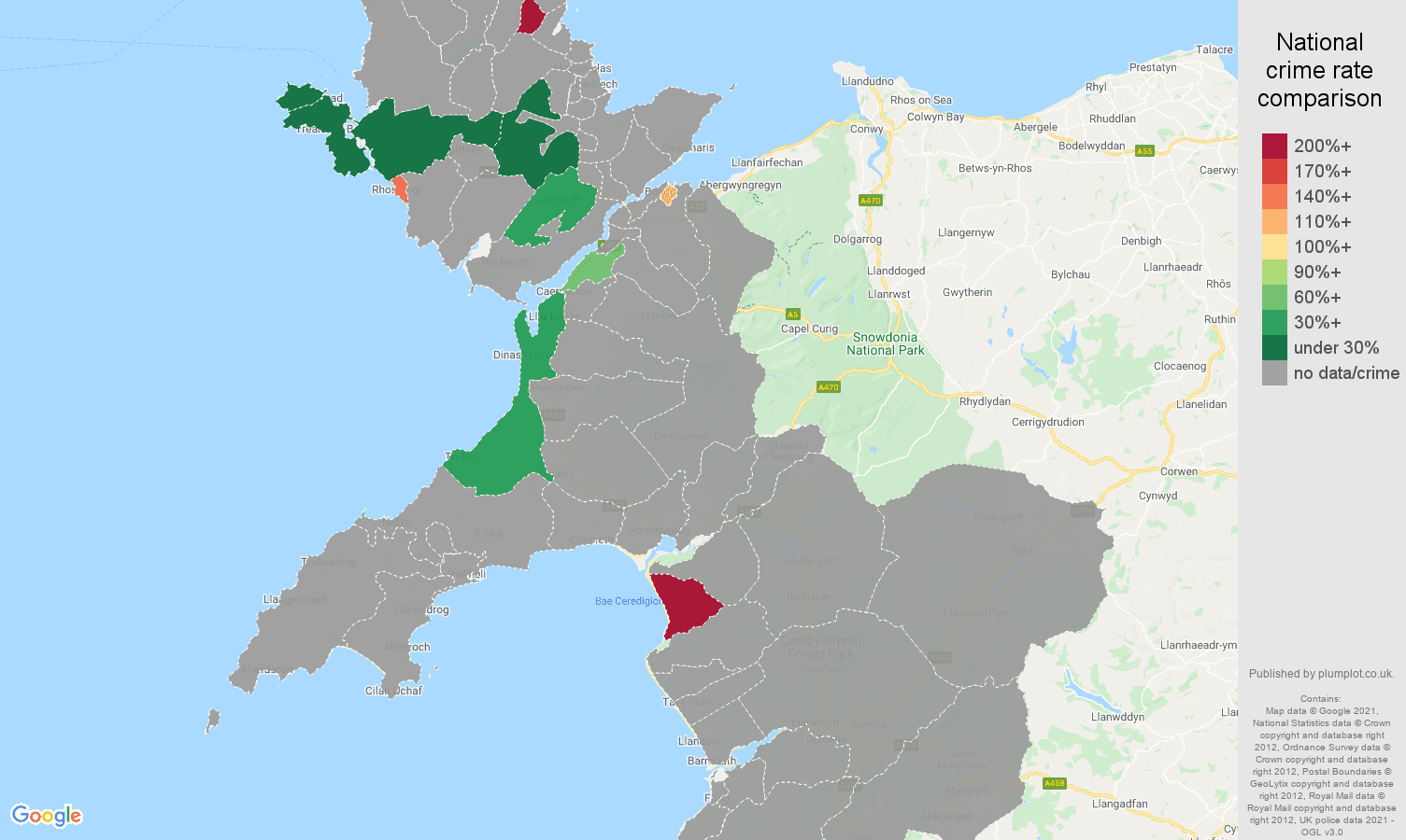 Gwynedd theft from the person crime rate comparison map
