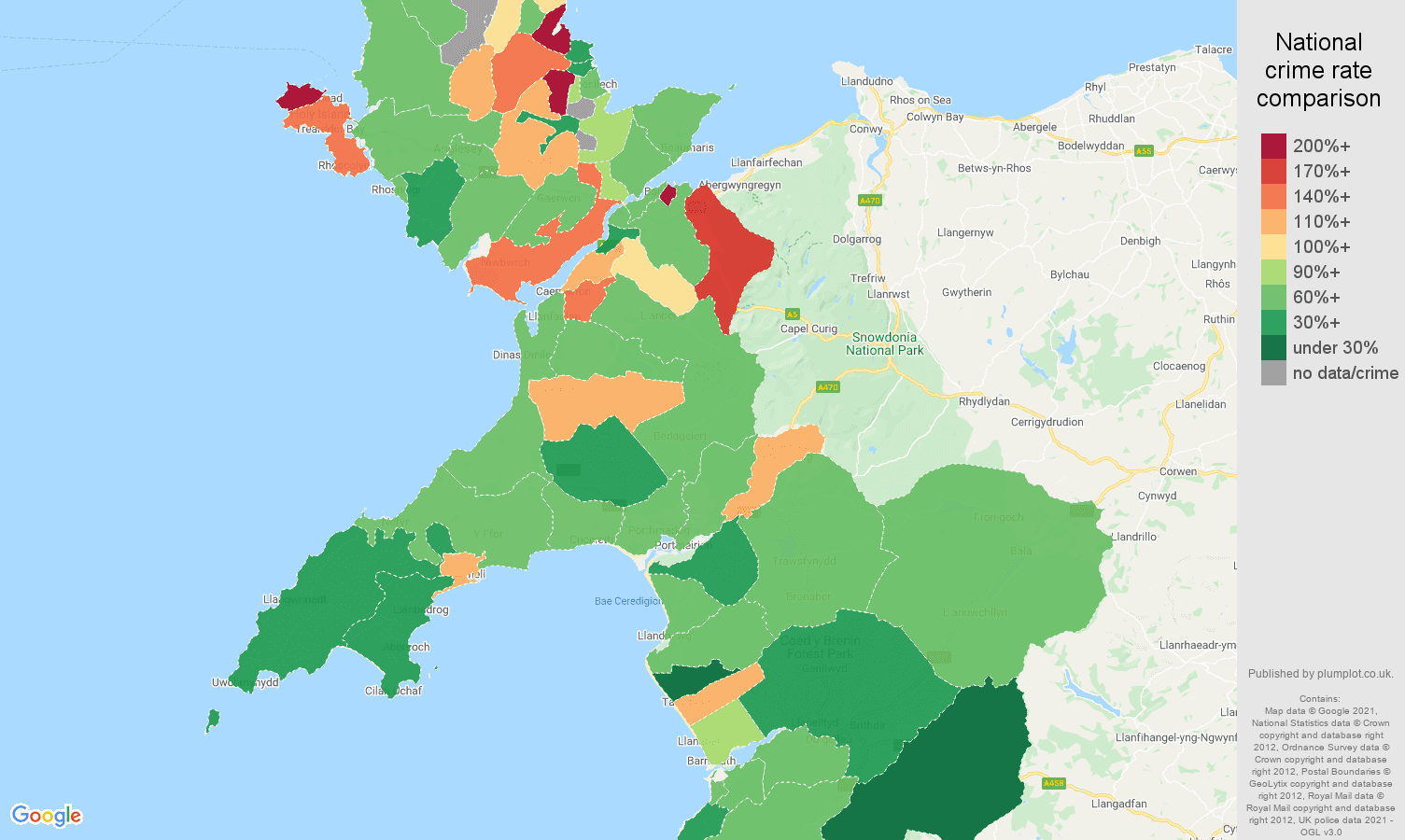 Gwynedd violent crime rate comparison map