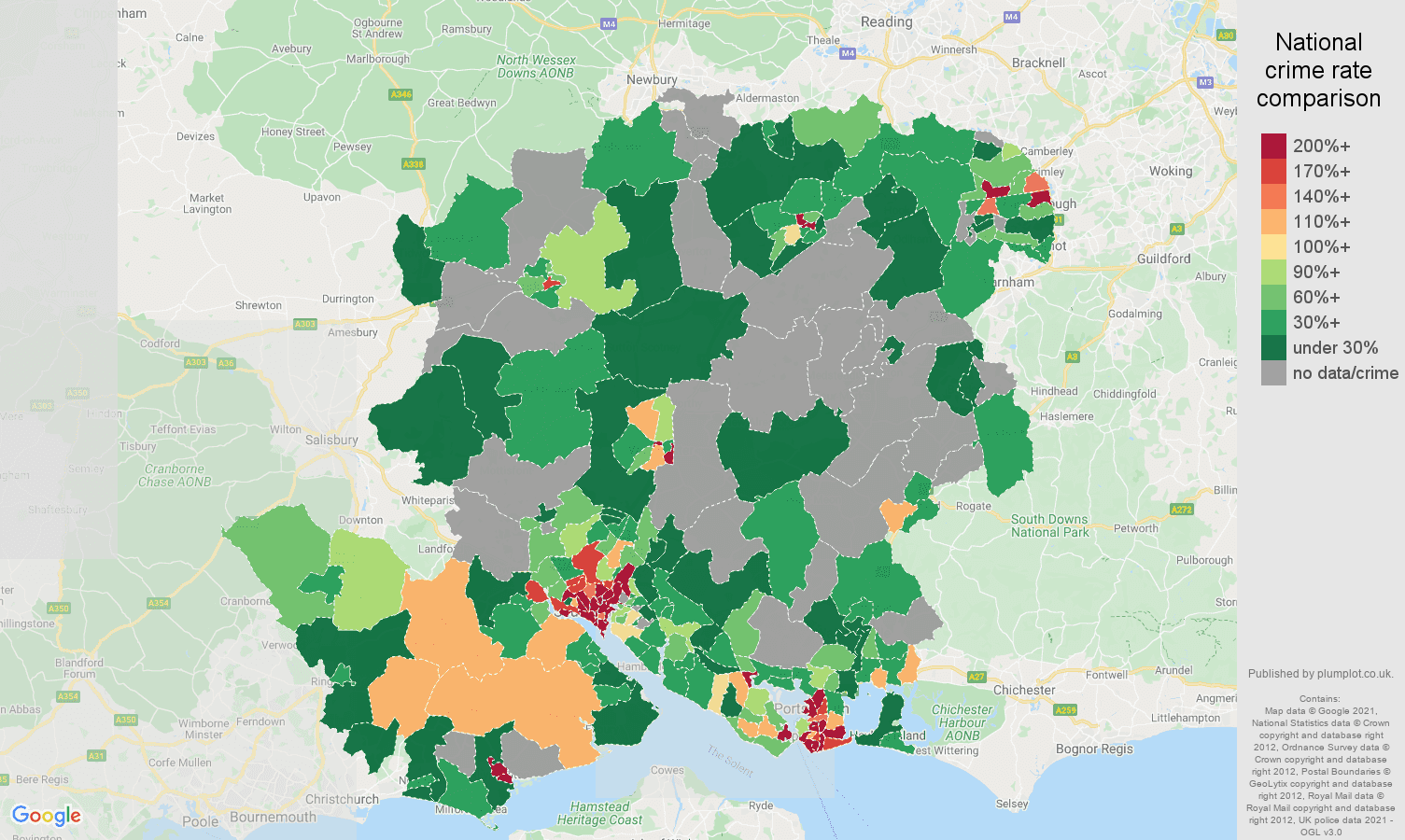 Hampshire bicycle theft crime rate comparison map
