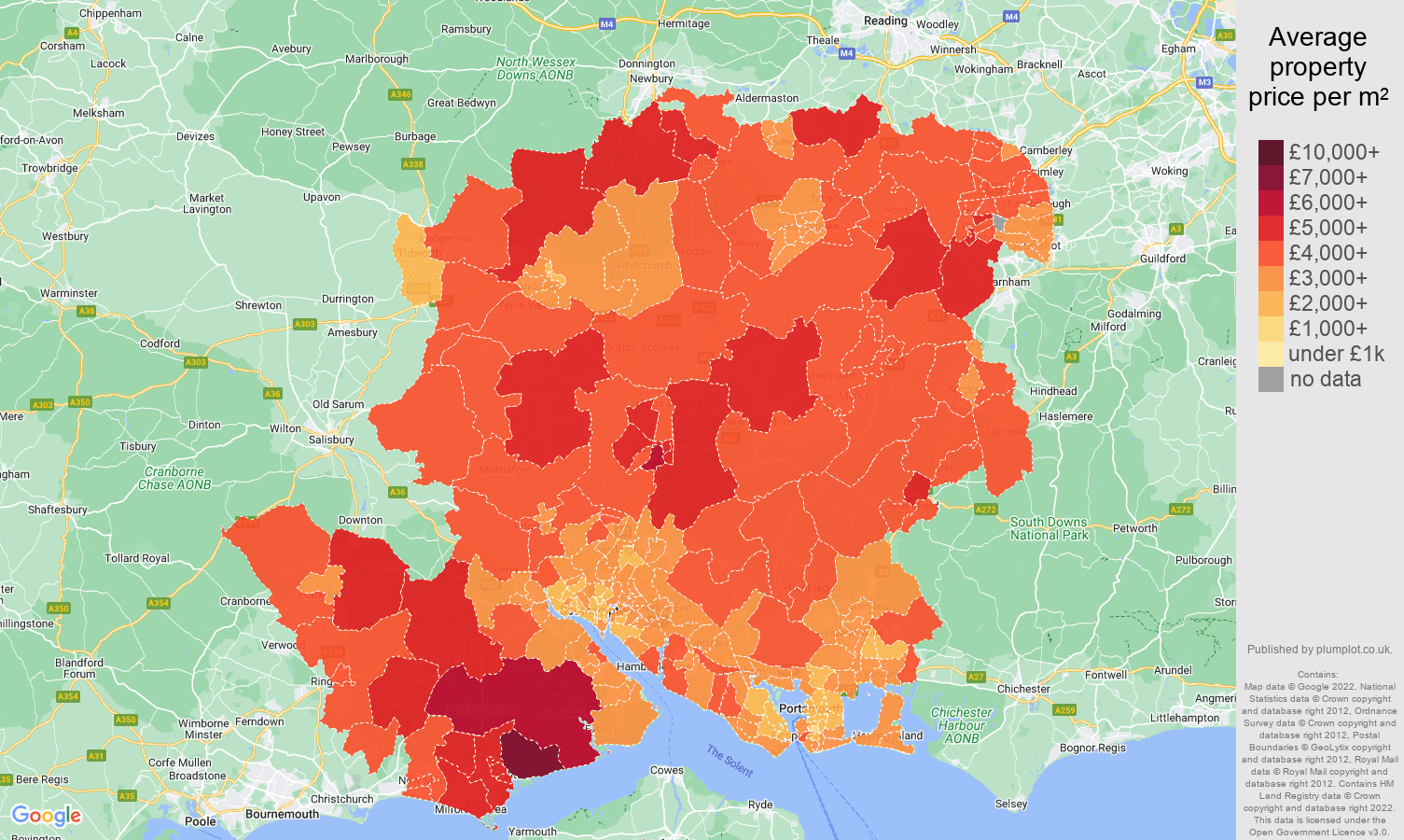 Hampshire house prices per square metre map