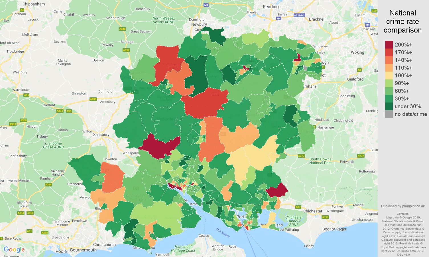 Hampshire other theft crime rate comparison map