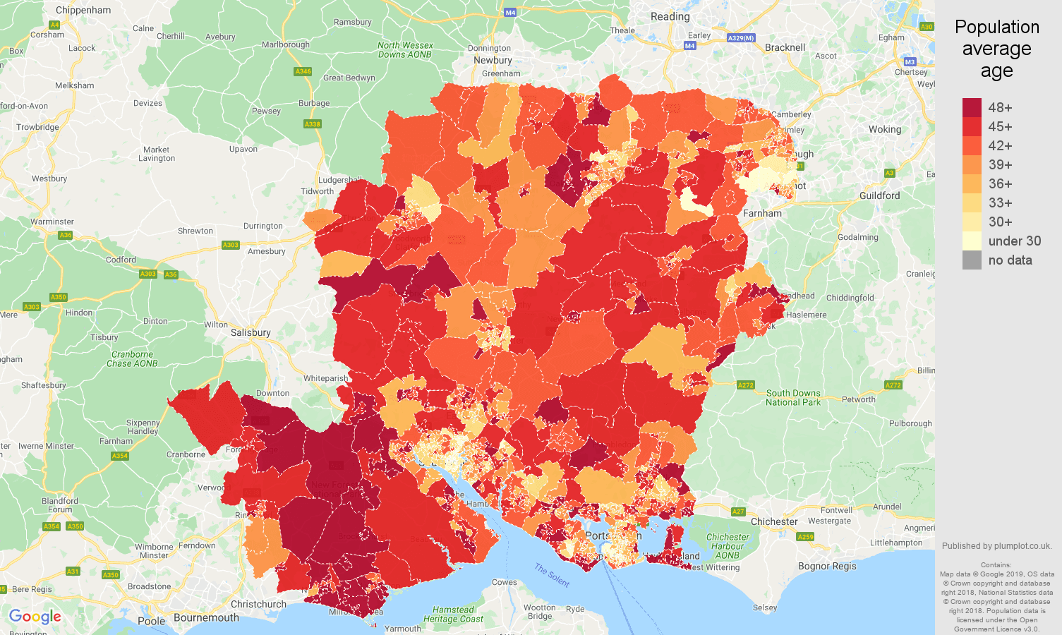 Hampshire population average age map