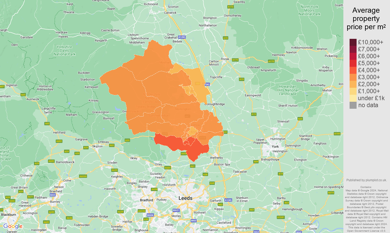 Harrogate house prices per square metre map
