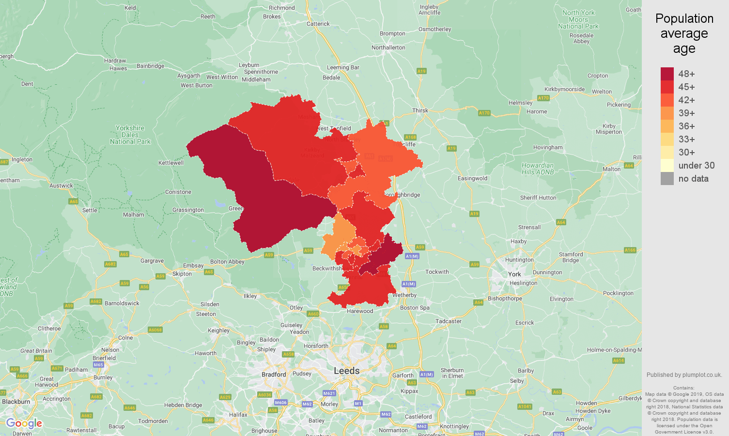Harrogate population average age map