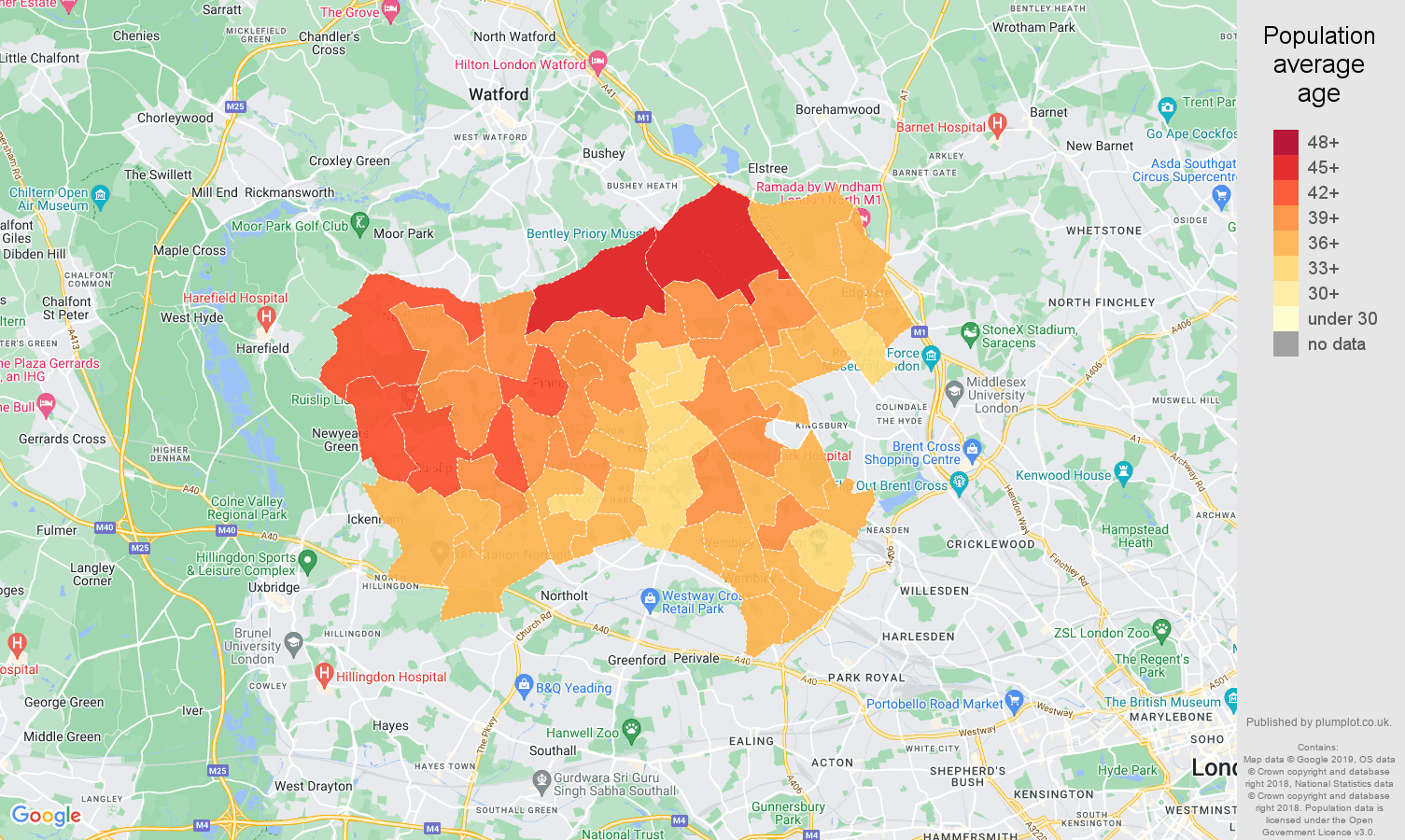 Harrow population average age map