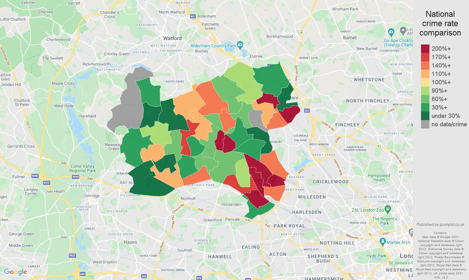 Harrow theft from the person crime rate comparison map