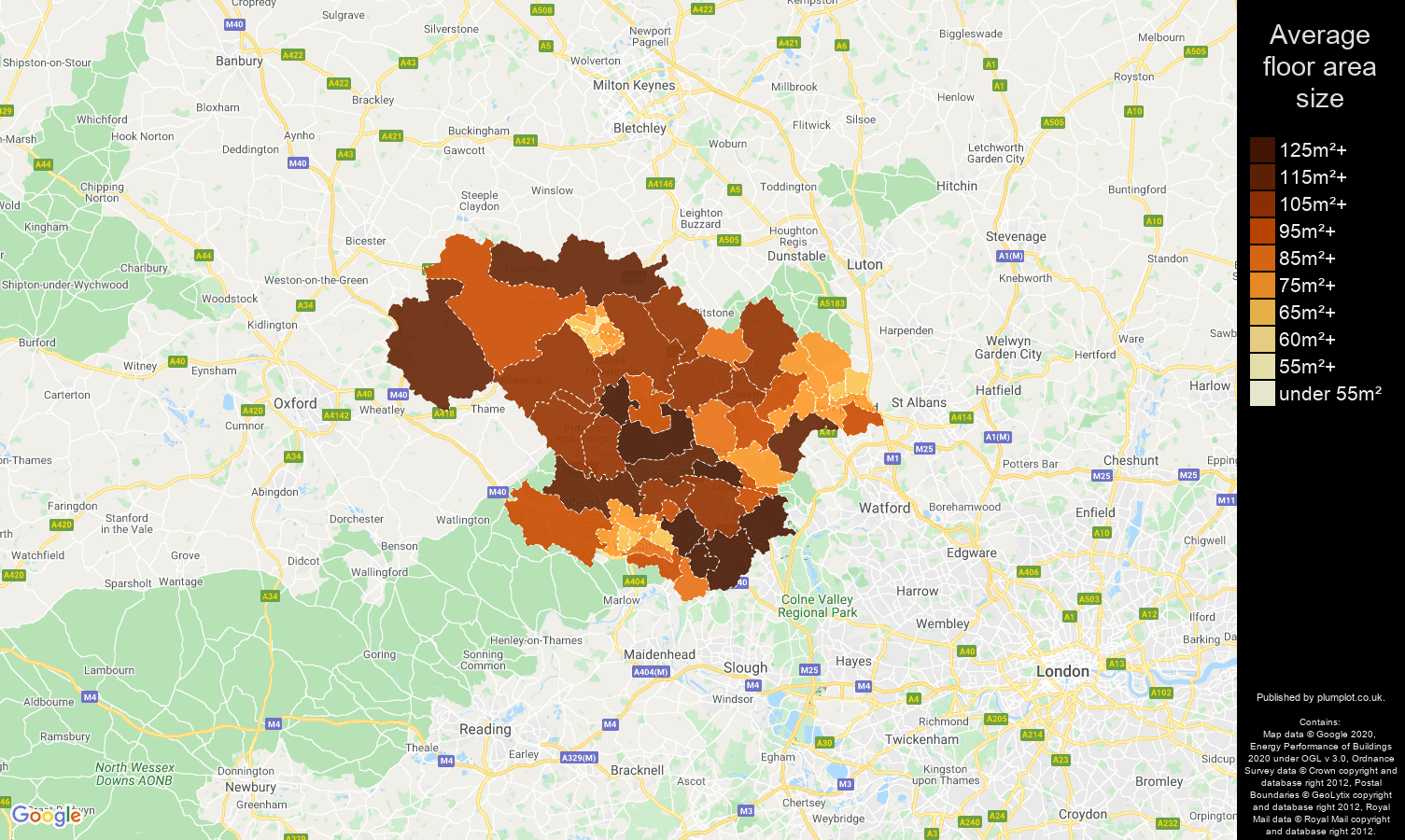 Hemel Hempstead map of average floor area size of properties