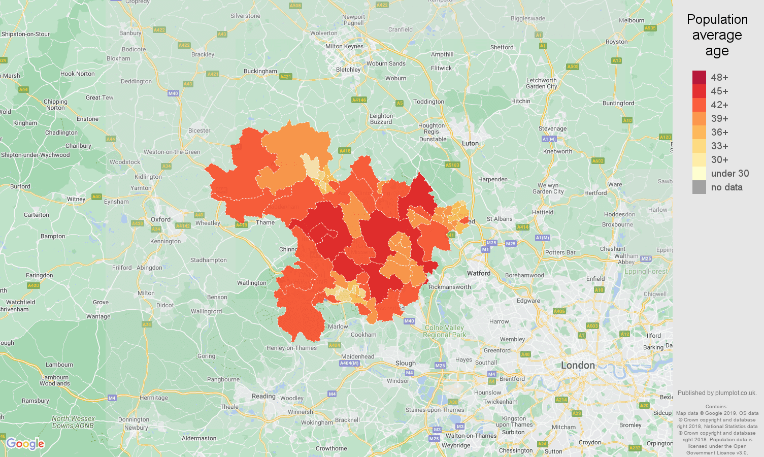 Hemel Hempstead population average age map