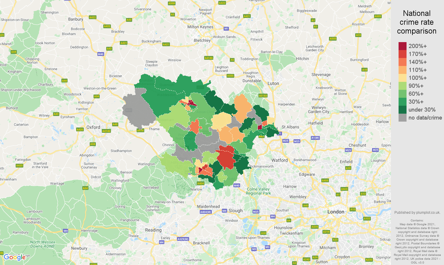 Hemel Hempstead theft from the person crime rate comparison map