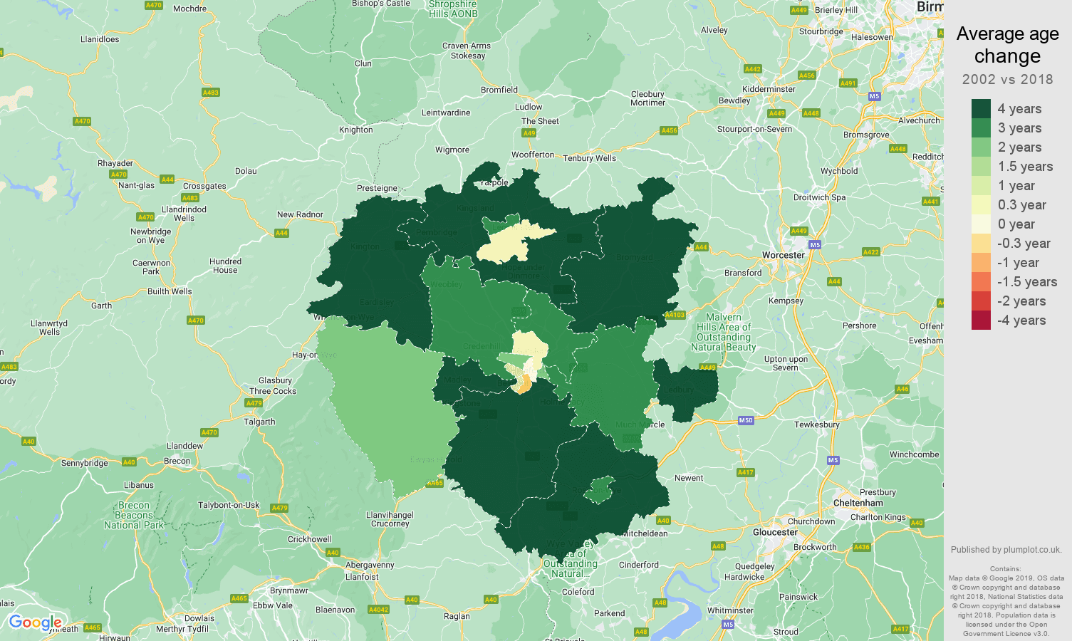 Hereford average age change map