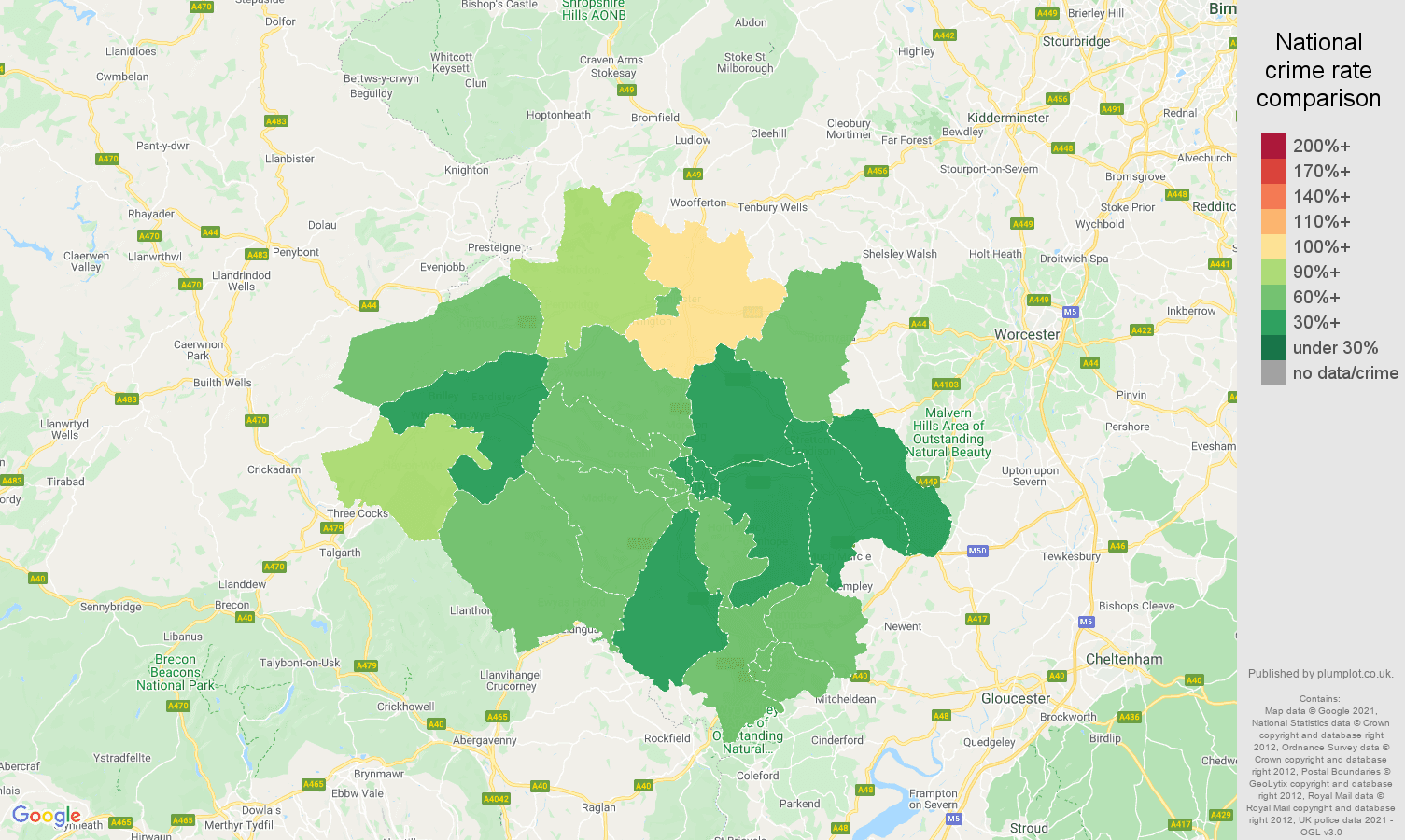 Hereford burglary crime rate comparison map