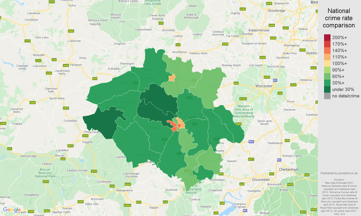 Hereford drugs crime rate comparison map