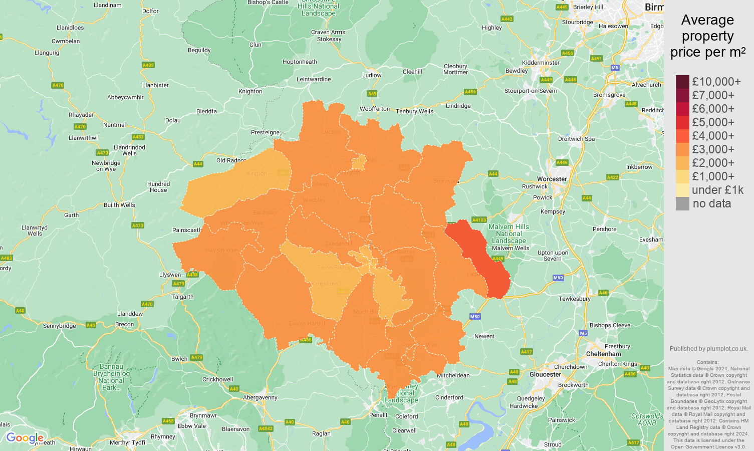 Hereford house prices per square metre map