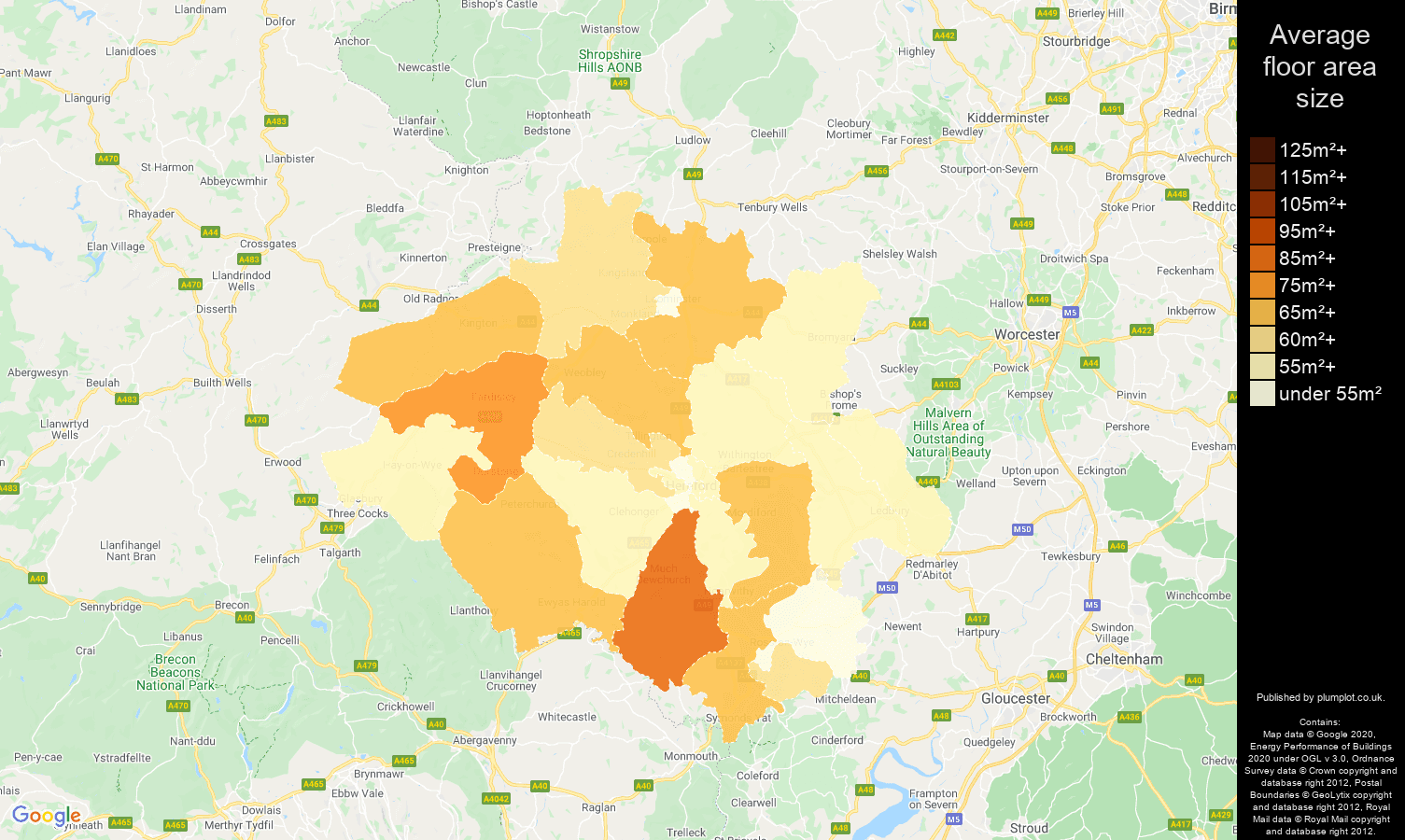 Hereford map of average floor area size of flats