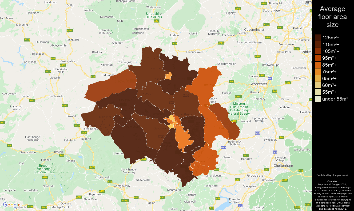 Hereford map of average floor area size of properties