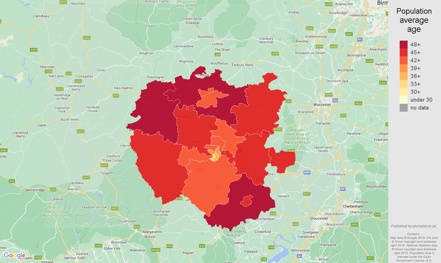 Hereford population average age map