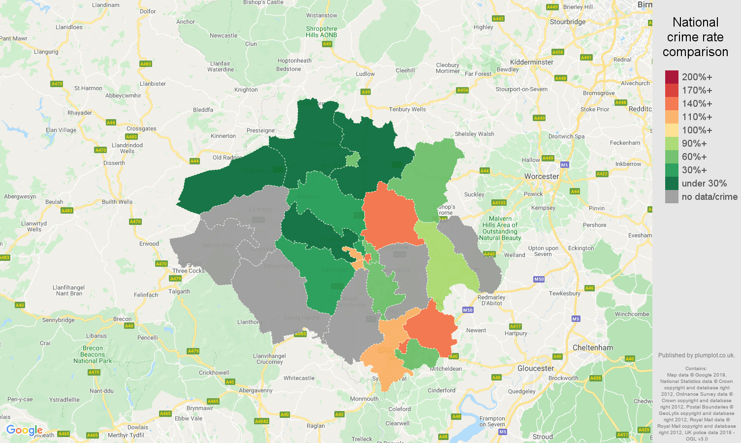Hereford possession of weapons crime rate comparison map