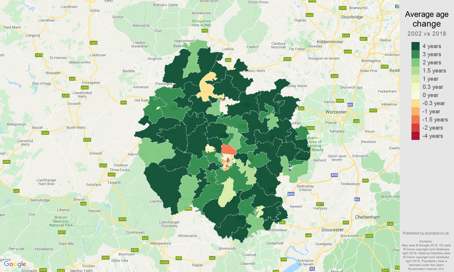 Herefordshire average age change map