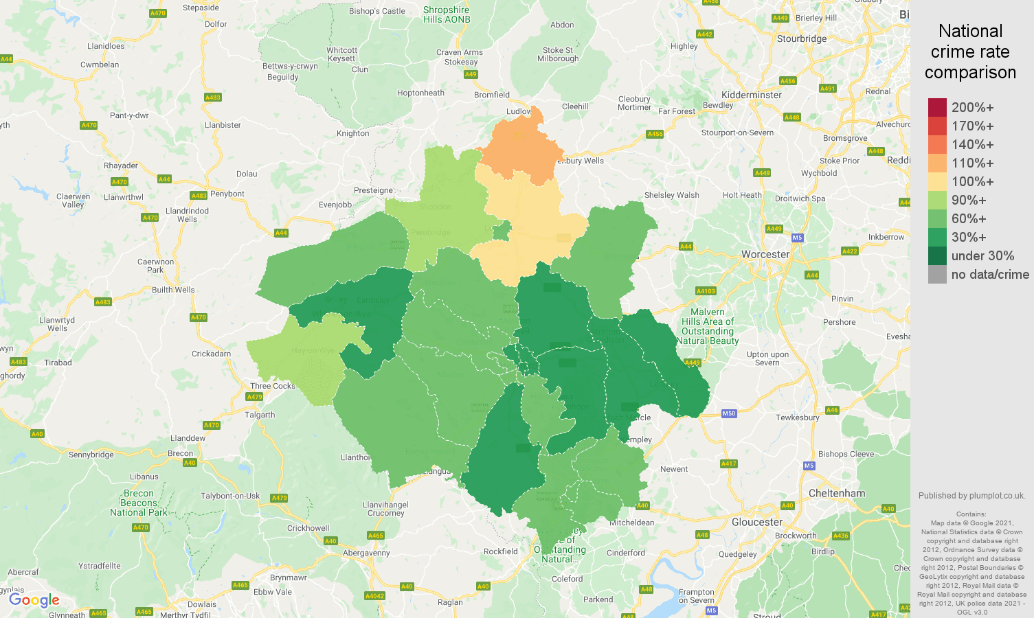 Herefordshire burglary crime rate comparison map
