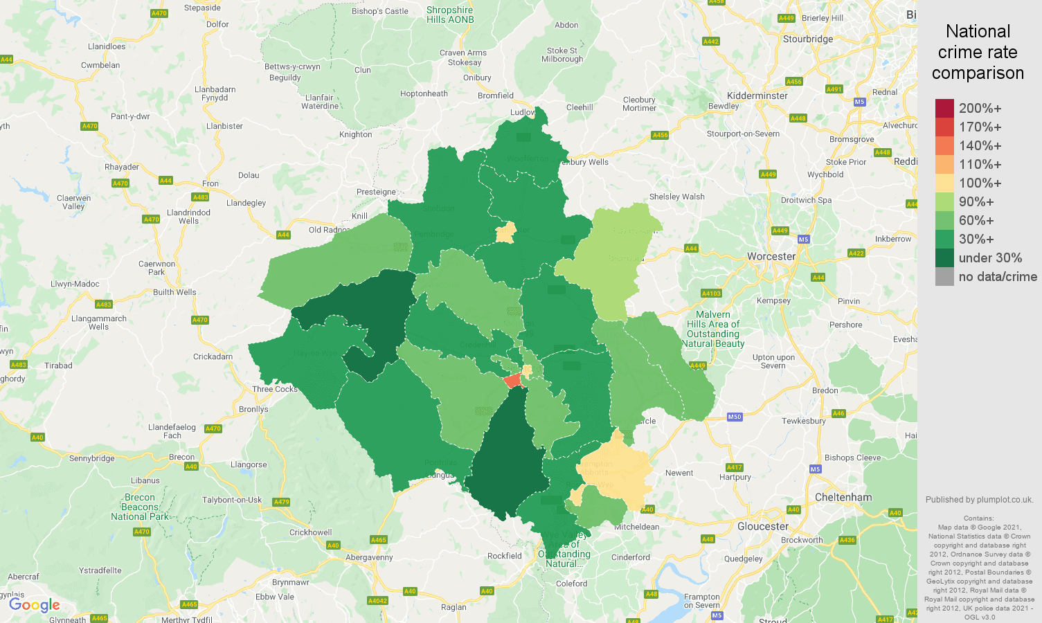 Herefordshire criminal damage and arson crime rate comparison map