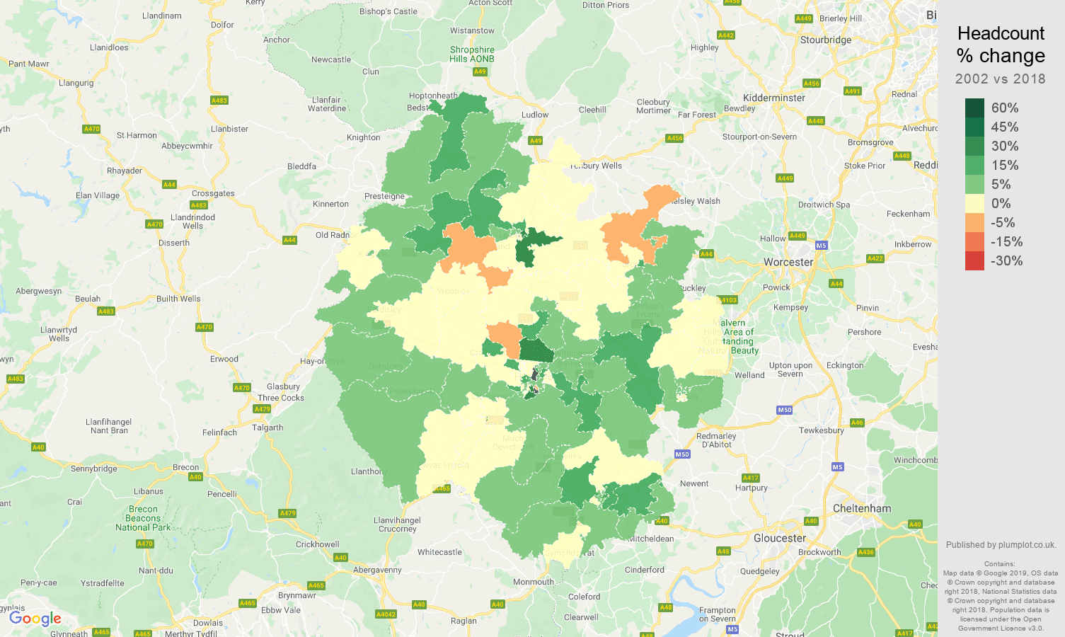 Herefordshire headcount change map