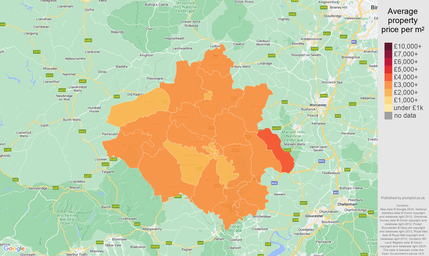 Herefordshire house prices per square metre map