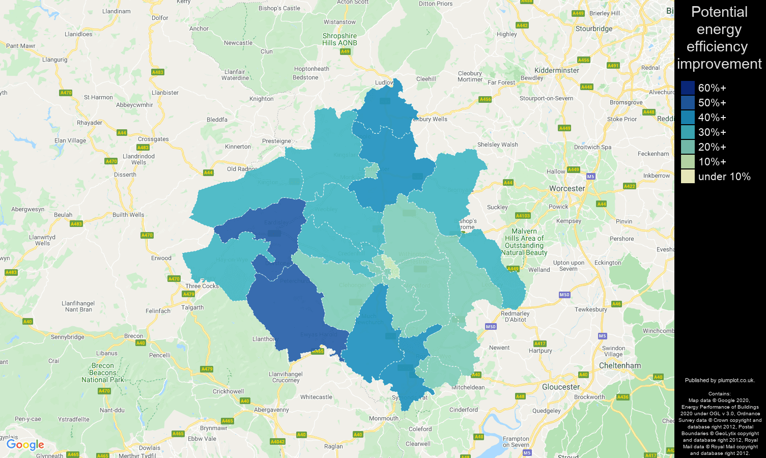 Herefordshire map of potential energy efficiency improvement of houses