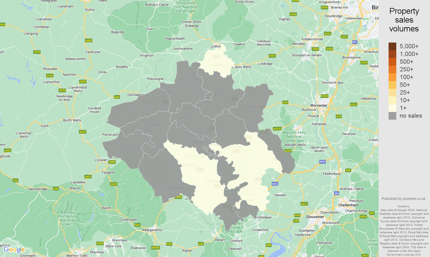 Herefordshire map of sales of new properties
