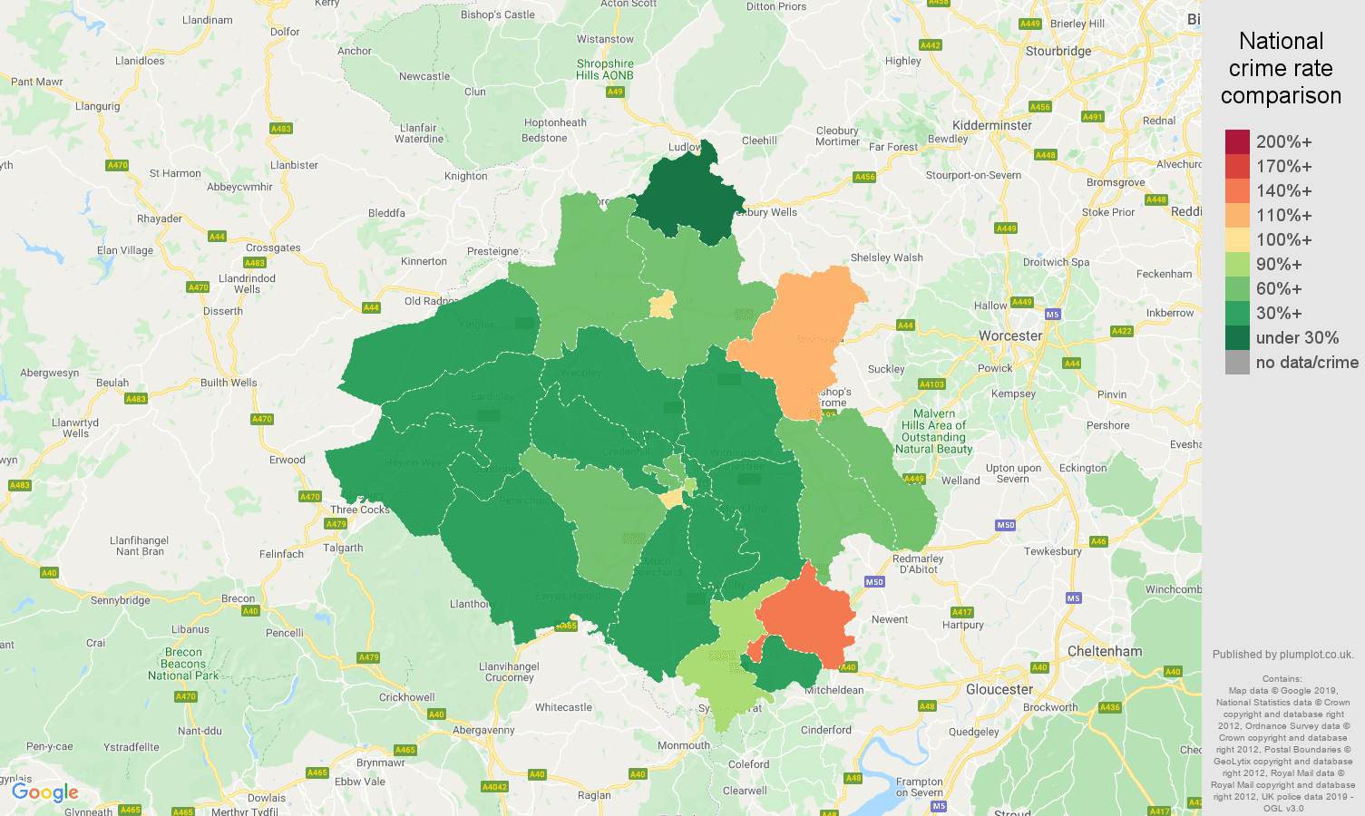 Herefordshire other theft crime rate comparison map