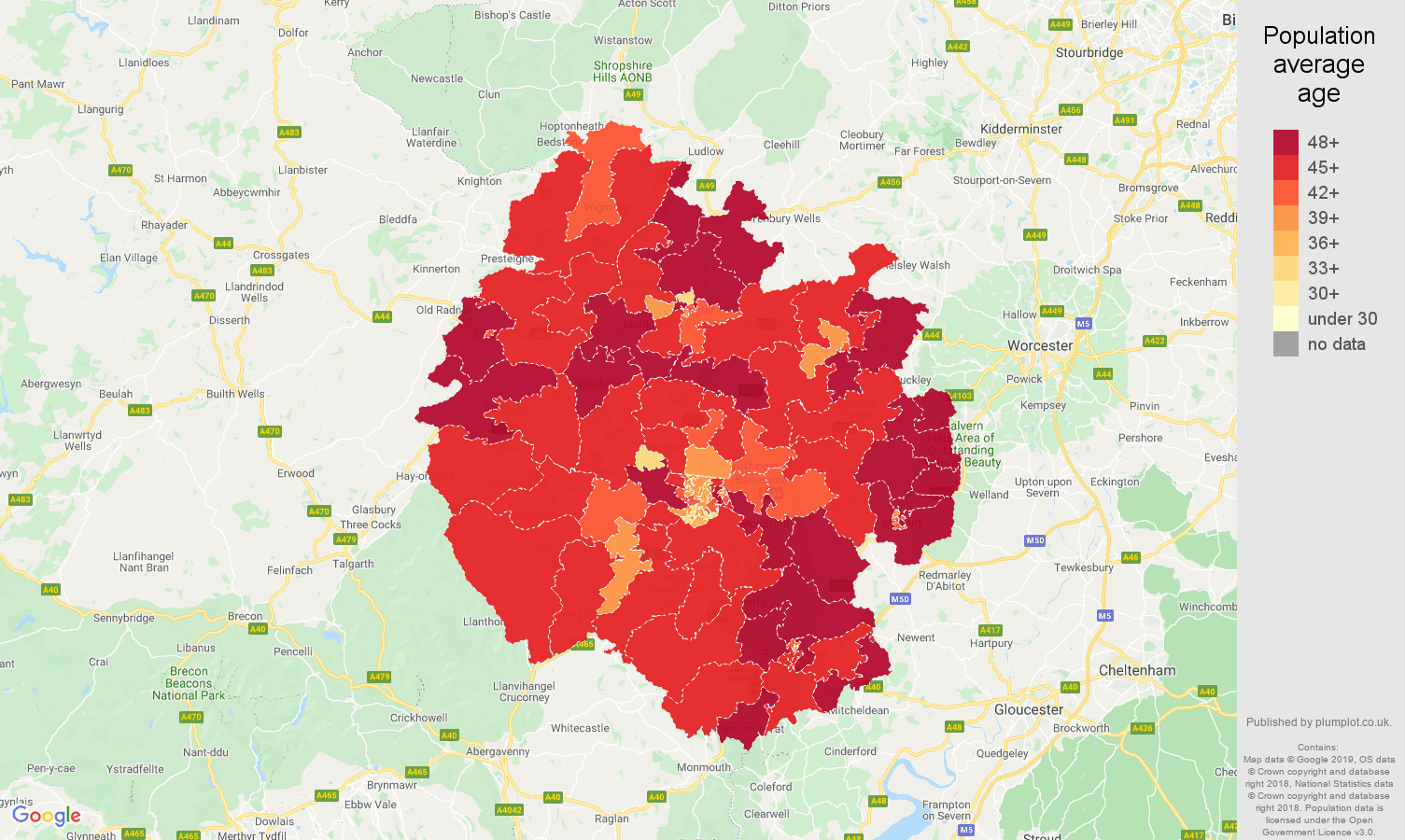 Herefordshire population average age map