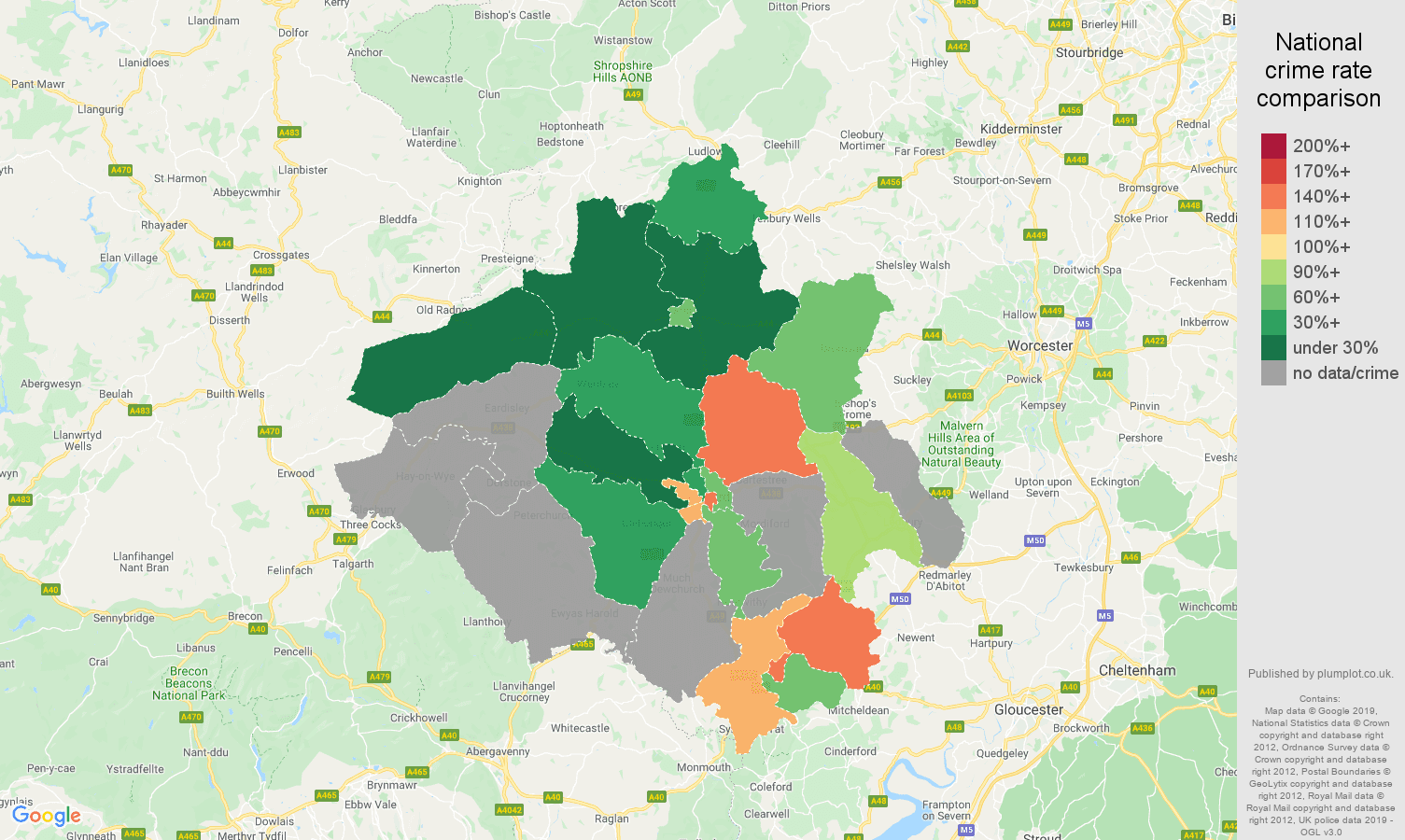 Herefordshire possession of weapons crime rate comparison map