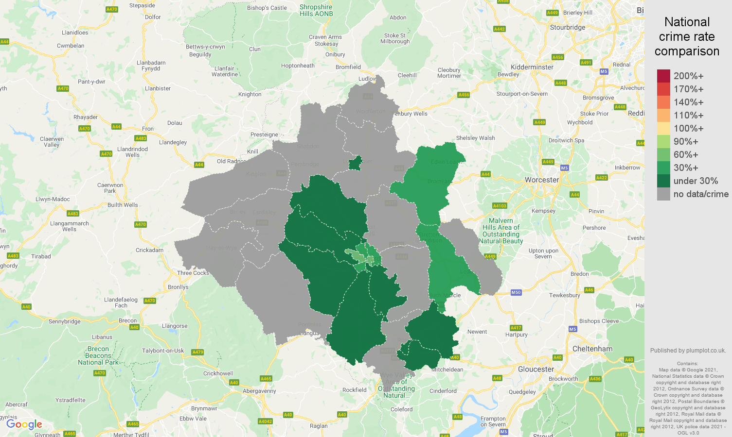 Herefordshire robbery crime rate comparison map