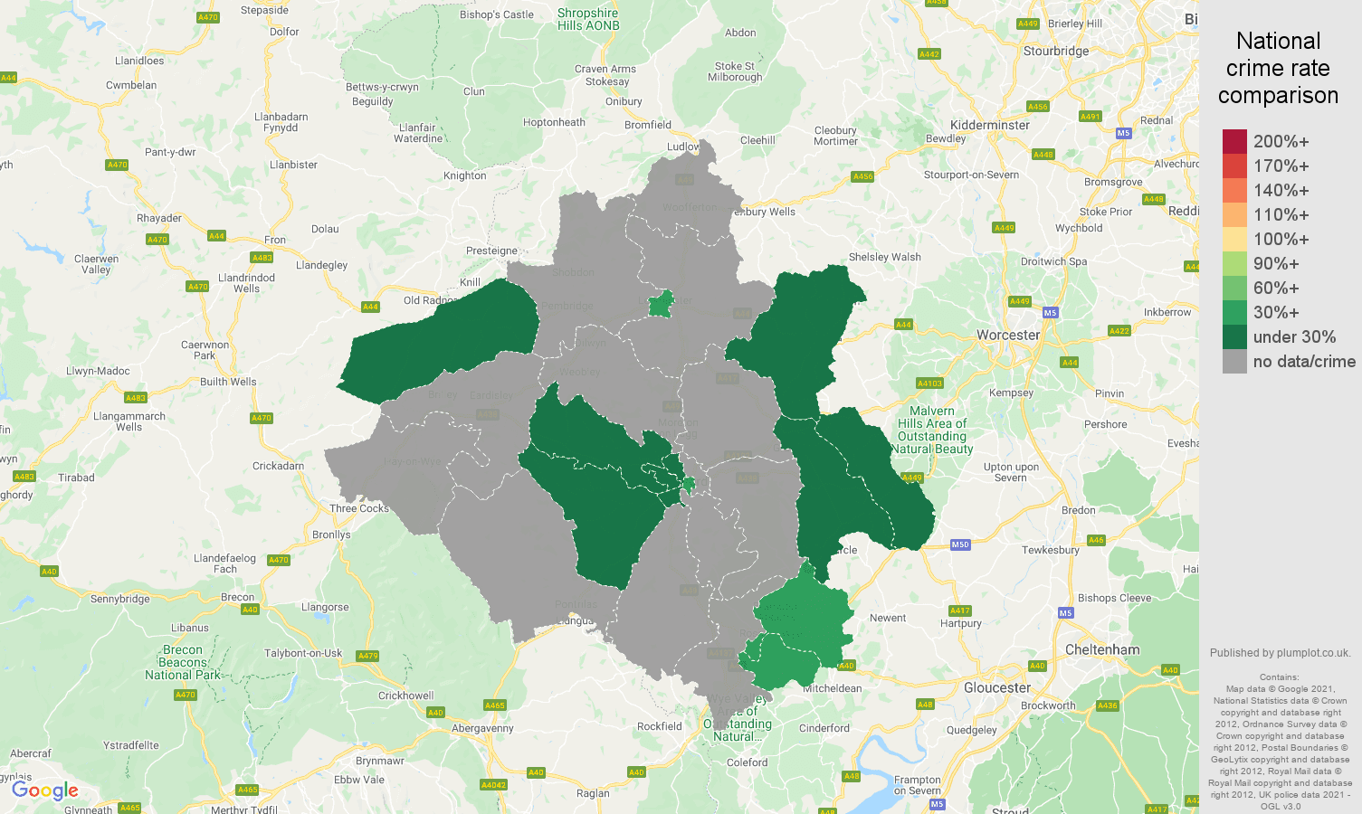 Herefordshire theft from the person crime rate comparison map
