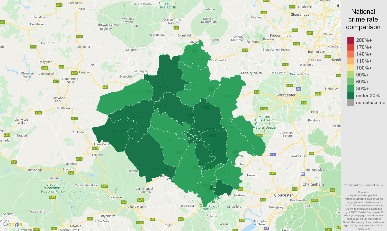 Herefordshire vehicle crime rate comparison map