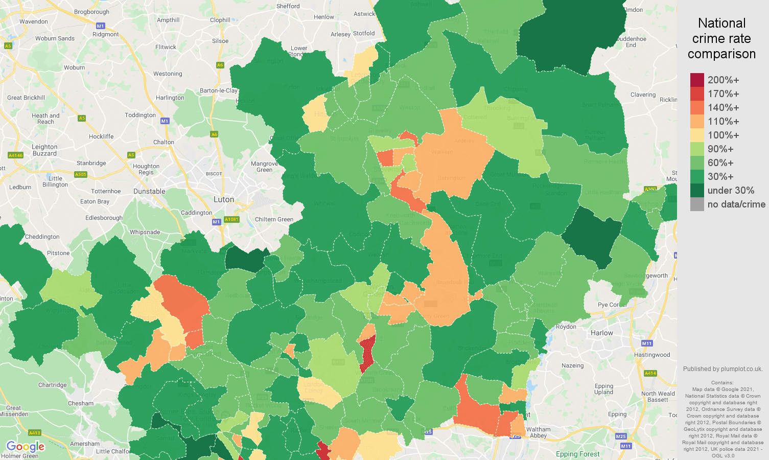 Hertfordshire antisocial behaviour crime rate comparison map