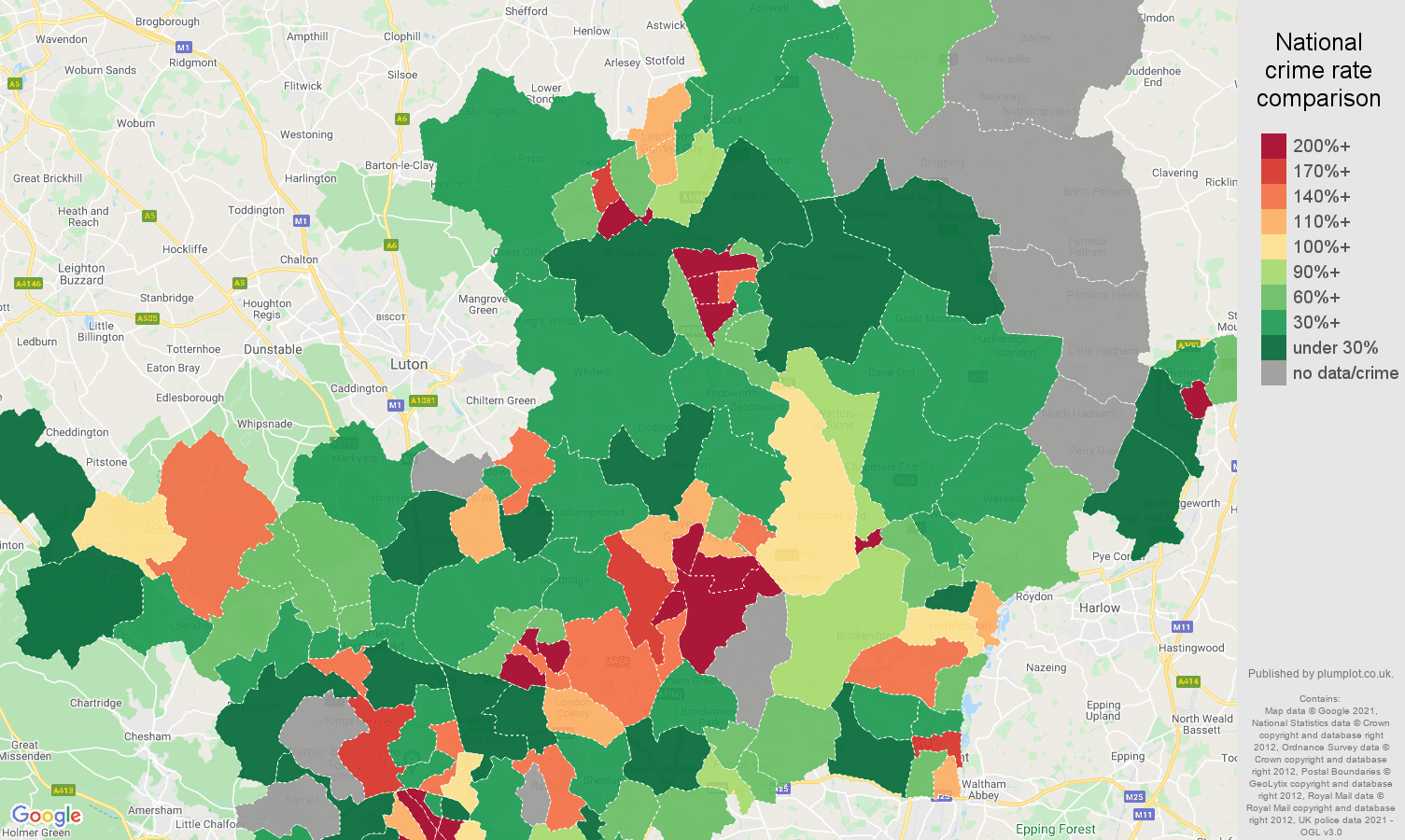 Hertfordshire bicycle theft crime rate comparison map