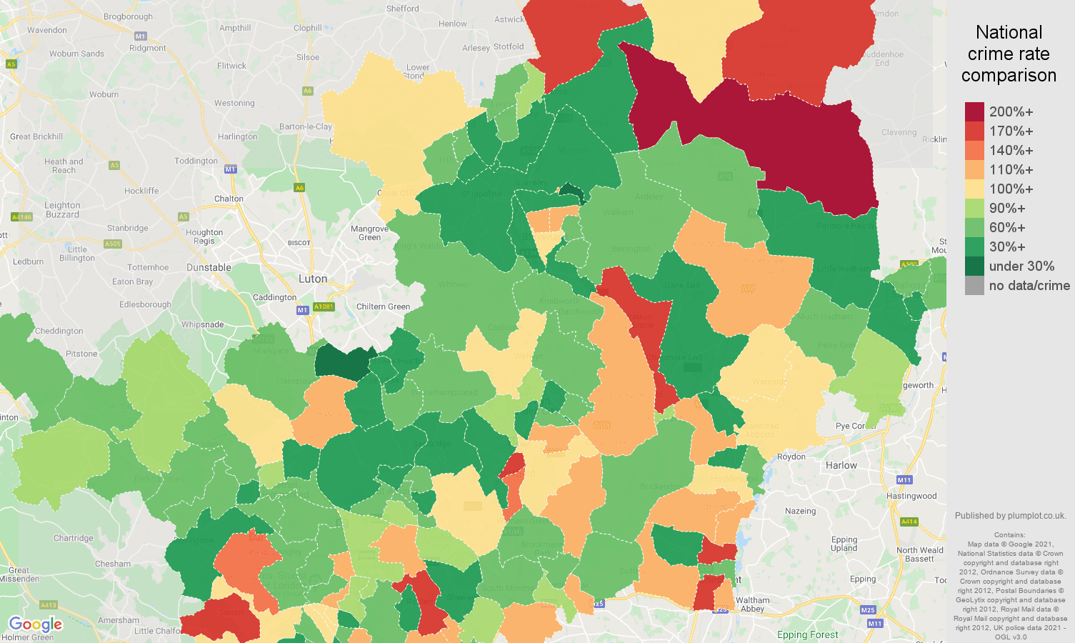 Hertfordshire burglary crime rate comparison map