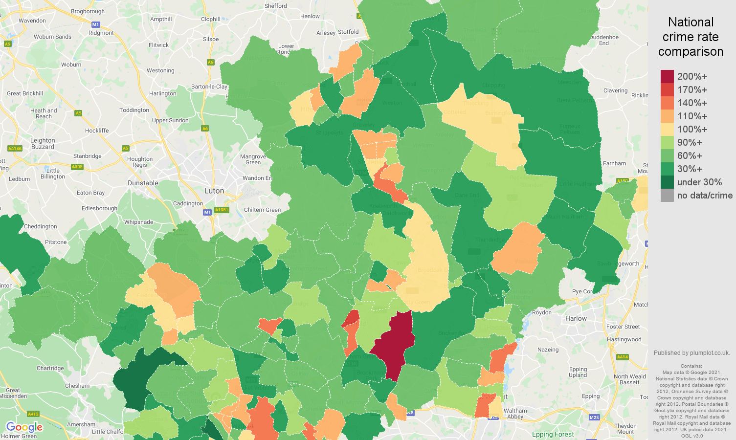 Hertfordshire criminal damage and arson crime rate comparison map