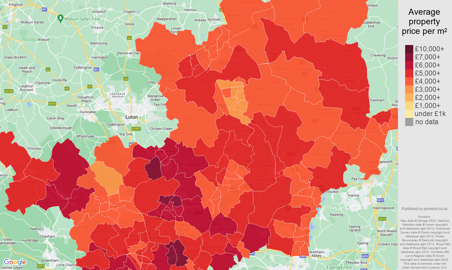 Hertfordshire house prices per square metre map