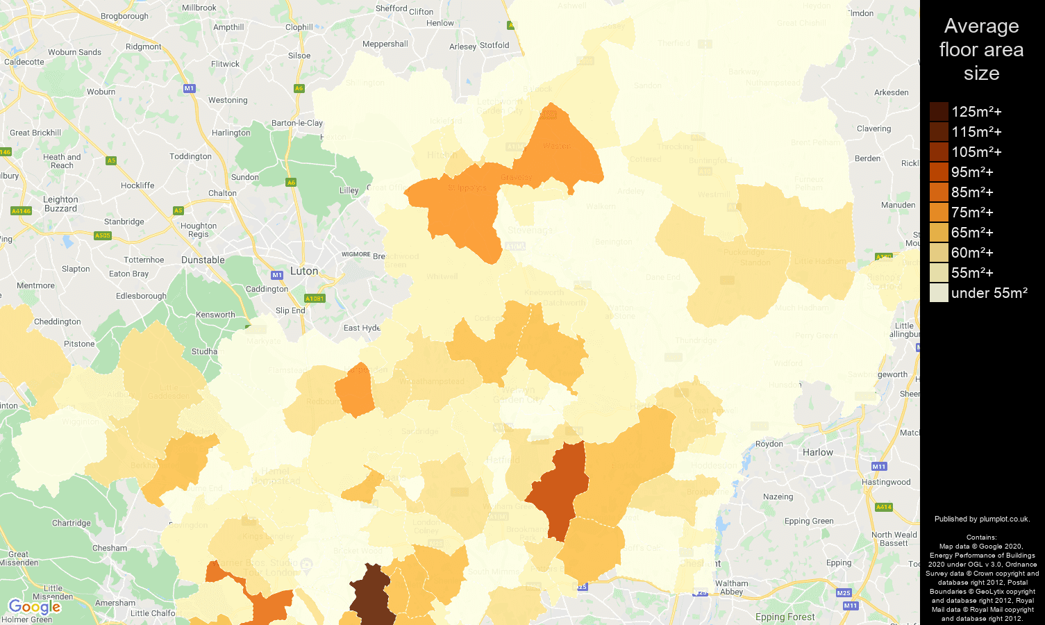 Hertfordshire map of average floor area size of flats
